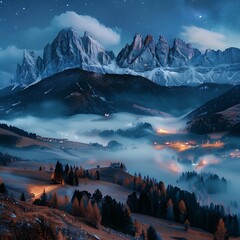 sunrise over the mountains, Fluffy fog stream is covering a valley with colorful twilight sky in a morning, Smoke cascading over a mountain range at sunrise background.
