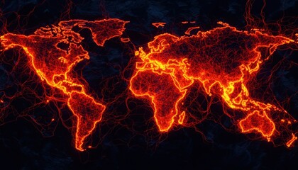 Luminous World Map with Fiery Red and Orange Lines on Dark Background