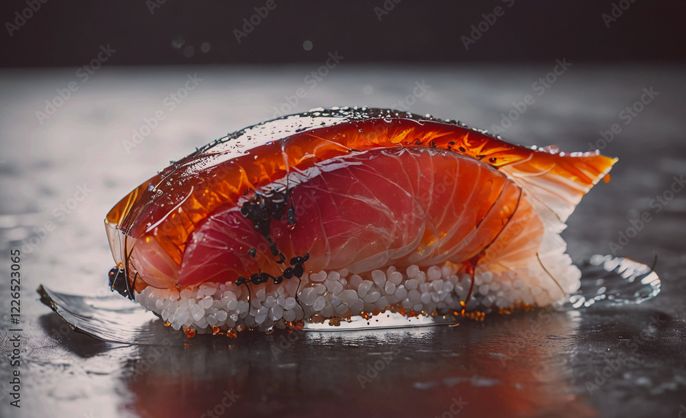 Poster a piece of sushi with a lot of sauce on it. the sauce is brown and it looks like it's dripping