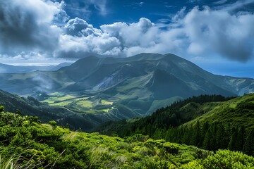 The majestic Mount Olympus towering above a lush landscape with clouds swirling around its peak, A mountain landscape on Ponta Delgada Island, Azores., Scenic mountainous landscape with green forests.
