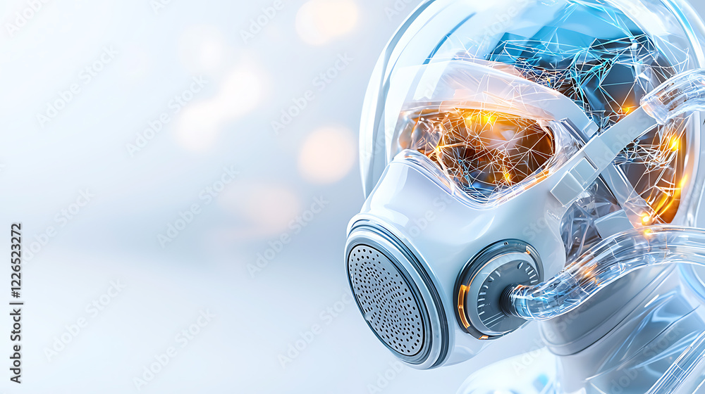 Poster futuristic action of a sci-fi soldier in high-tech environment close-up view conceptual art for tech