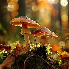 Enchanted toadstools emerging casting magical charm over scenery wallpaper, Mushroom on a tranquil background, magnificent mushroom details. Background calm, mushroom strong.