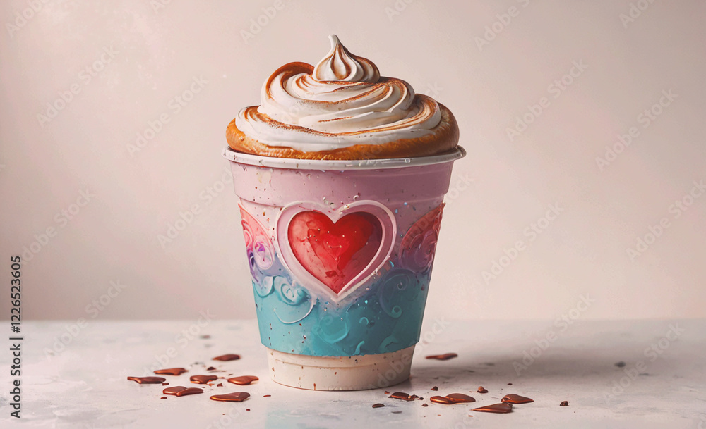 Aufkleber a cupcake with a heart on it is sitting on a table. the cupcake is frosted and has a lot of whipped 