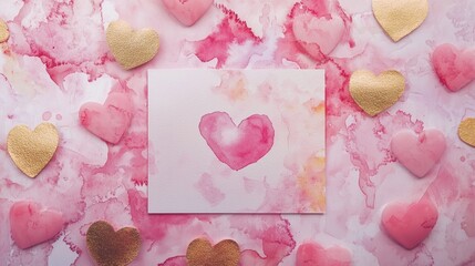 Fototapeta premium Valentine mockup card elements design. Pink Heart Shapes and Golden Hearts on a Pink Watercolor Background with Heart Greeting Card.