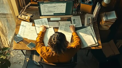 A focused individual reviews documents at a cluttered desk in a sunlit workspace, surrounded by books