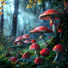 Enchanted toadstools emerging casting magical charm over scenery wallpaper, Mushroom on a tranquil background, magnificent mushroom details. Background calm, mushroom strong.