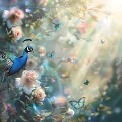 Majestic Peacock Perched on Ornate Headdress Listening to Soulful Melodies, peacock with feathers out, Peacock Studio Shot on a Clean Background.