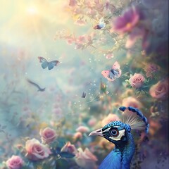 Majestic Peacock Perched on Ornate Headdress Listening to Soulful Melodies, peacock with feathers out, Peacock Studio Shot on a Clean Background.

