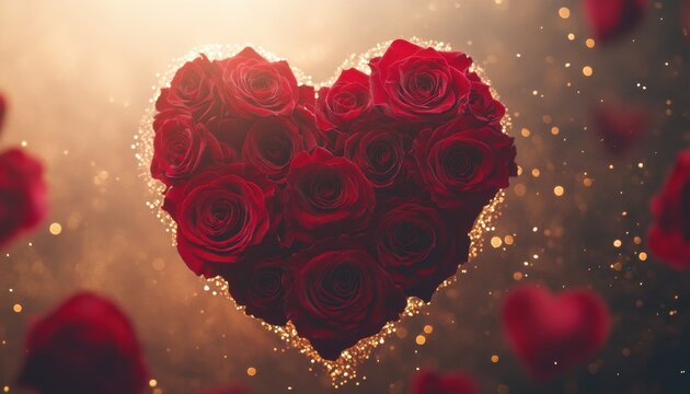 Heart-shaped arrangement of red roses with golden glitter and falling petals - Powered by Adobe