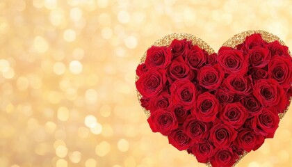 Heart-Shaped Bouquet of Red Roses with Golden Glitter Background