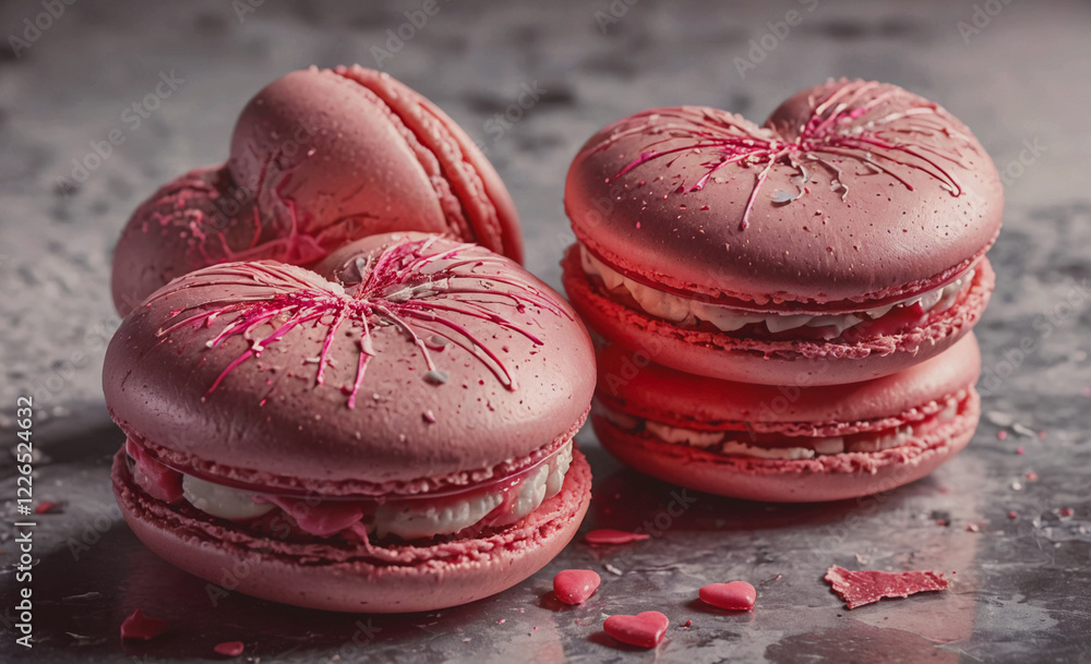 Poster a row of pink macaroons with pink frosting and sprinkles. the macaroons are arranged in a heart shap