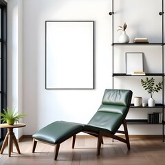 A modern interior scene featuring a sleek, dark green lounge chair with a wooden frame. The chair is positioned near a large window that allows natural light to enter the room.