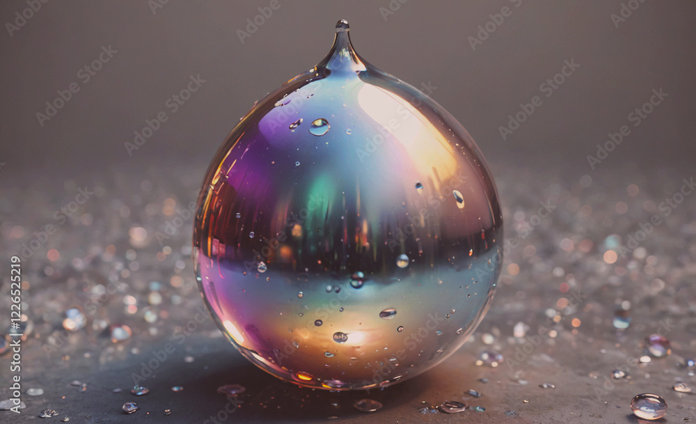 Poster a shiny, reflective ball with a small hole in the middle. the ball is surrounded by water droplets, 