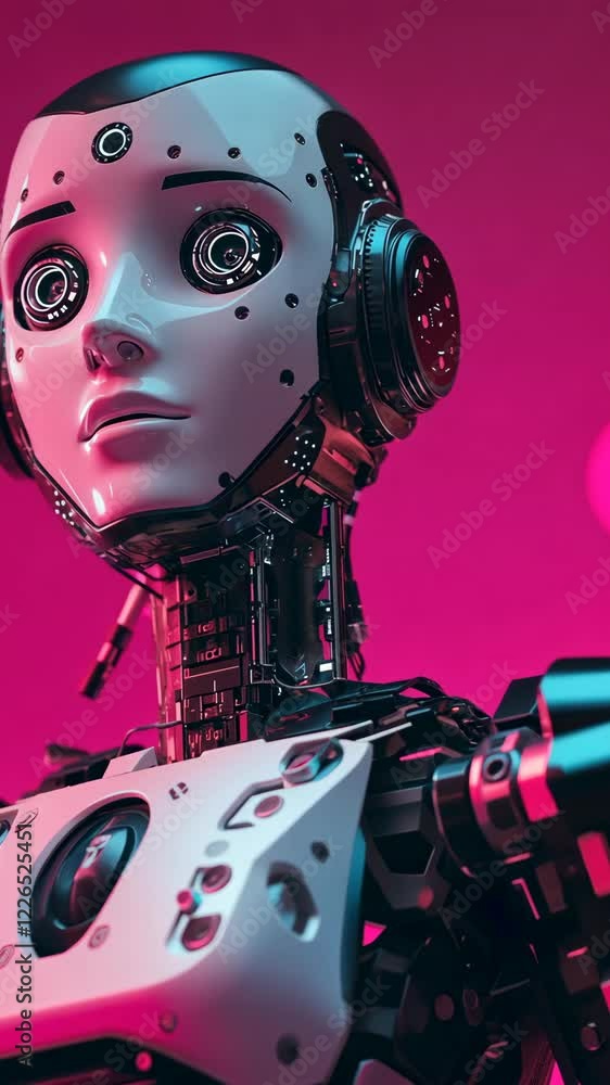 Poster robotic figure with intricate design and glowing elements in a vibrant pink setting