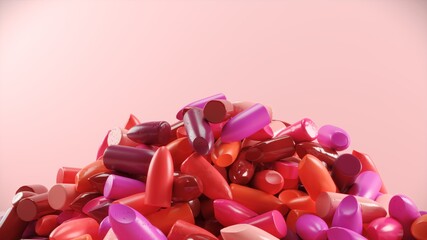 Close up Collection of lipsticks bullet on a pink color backdrop studio. 3D Realistic render.