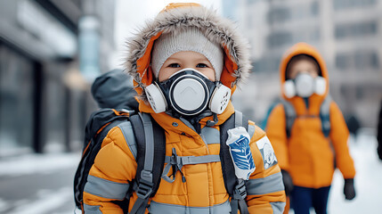 Naklejka premium Children wearing masks in urban winter scene city streets environmental awareness snowy conditions close-up health concerns
