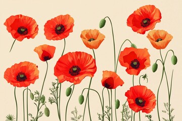 Obraz premium Vibrant Red Poppies Blooming Against a Soft Beige Background, Ideal for Nature-Themed Projects