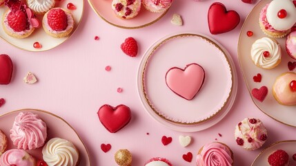 Valentine mockup card elements design. Pink Treats Assortment with Heart Shaped Desserts On Pink Surface Ready for Valentine Day.