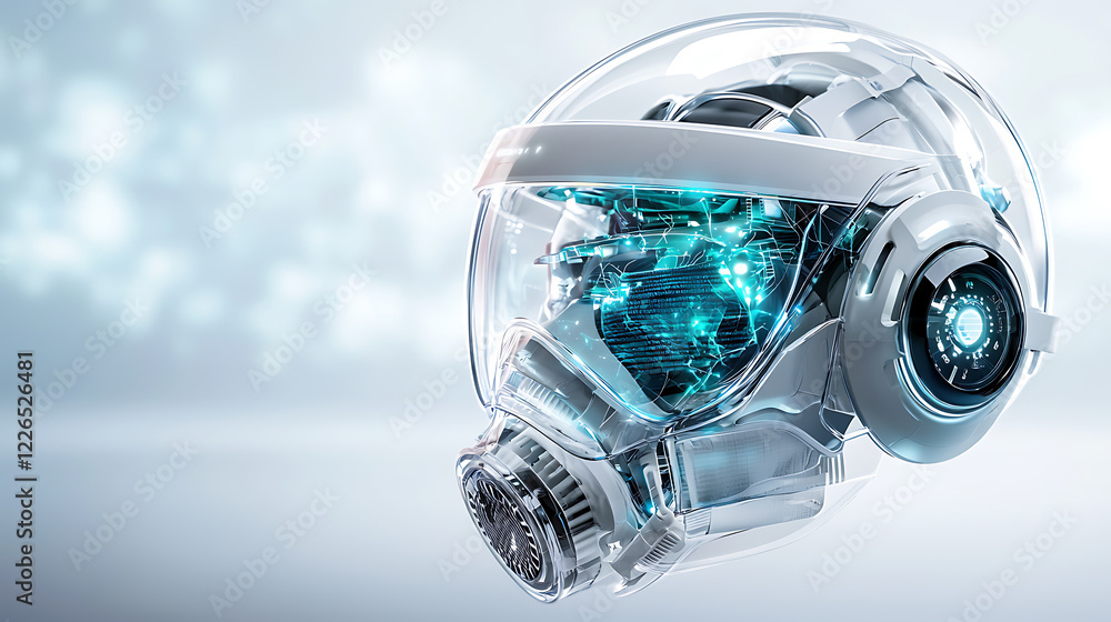 Poster futuristic action of a transparent helmet with advanced technology in a modern environment science f
