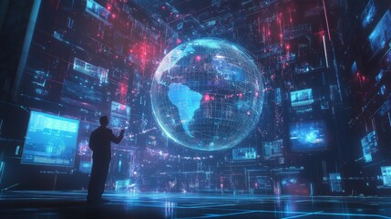 43.An executive presenting a 3D-rendered digital globe floating mid-air, surrounded by a network of glowing icons such as interconnected nodes, certificates, and standardization symbols. The scene is
