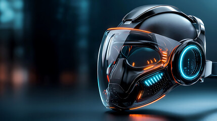 Futuristic helmet design showcase virtual space product photography sci-fi environment close-up perspective innovative technology
