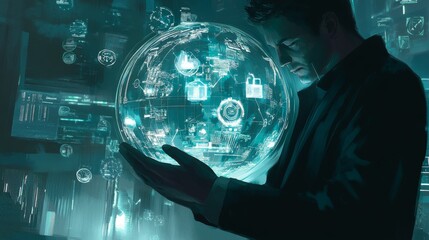 Fototapeta premium 49.An artistic depiction of a business professional holding a transparent globe illuminated with floating ISO standard icons, including blueprints, flowcharts, and interconnected gears. The scene is
