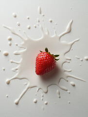 Fresh strawberry splashed with creamy milk on surface