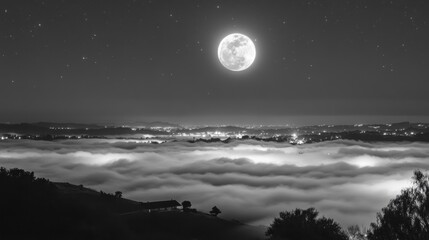 A serene black-and-white landscape with a full moon illuminating foggy valleys.