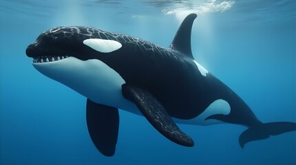 Obraz premium Majestic Orca Whale Underwater: Stunning Photo of Killer Whale Swimming in Ocean, Black and White Markings, Powerful Predator, Wildlife Photography