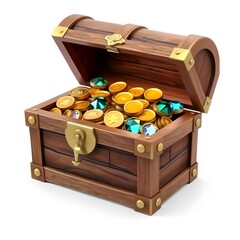 Open Wooden Treasure Chest Filled with Gold Coins and Jewels