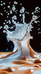 Dynamic splash of milk creating an artistic pattern against a dark backdrop during a creative photography session