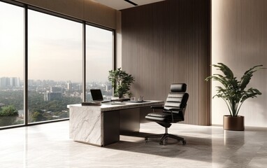 Fototapeta premium High-end executive office with a marble desk, a plush black leather chair, and a minimalist workspace with essential items like a laptop and documents. 