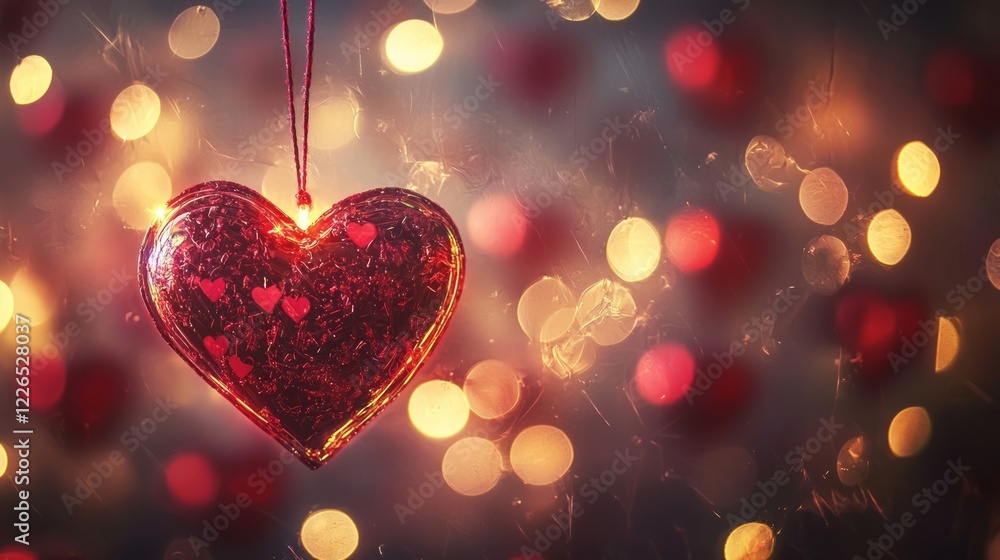 Poster valentine mockup card elements design. red heart ornament hanging with bokeh lights in soft focus cr