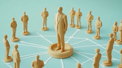 Obraz premium 71.A conceptual image of a leader represented as a large wooden figure standing in the center of a circular arrangement of smaller wooden figures symbolizing employees. White chalk lines and arrows