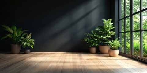 Obraz premium Sunlit Room, Plants, Dark Walls, Window View, Interior Design