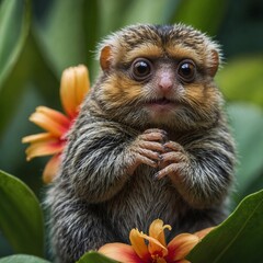 "A tiny pygmy marmoset peeking out from behind a large tropical flower, its big eyes filled with curiosity."
