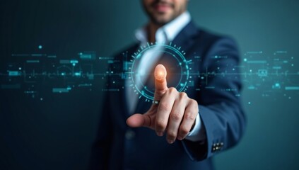 Businessman using fingerprint identification to access personal financial data. Idea for E-kyc electronic know your customer biometrics security, innovation technology against digital cyber crime	