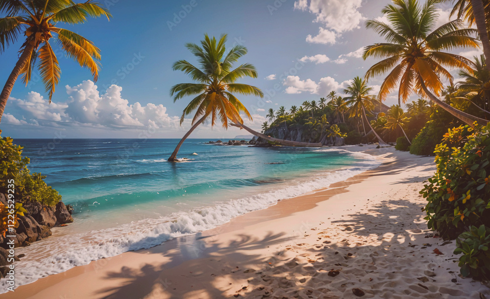 Poster A beautiful beach with palm trees and a clear blue ocean. The beach is empty and the sun is shining brightly