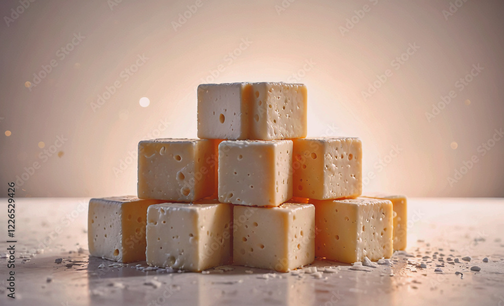 Poster A stack of cheese blocks on a table. Concept of abundance and indulgence, as the cheese blocks are piled high and appear to be a tempting treat