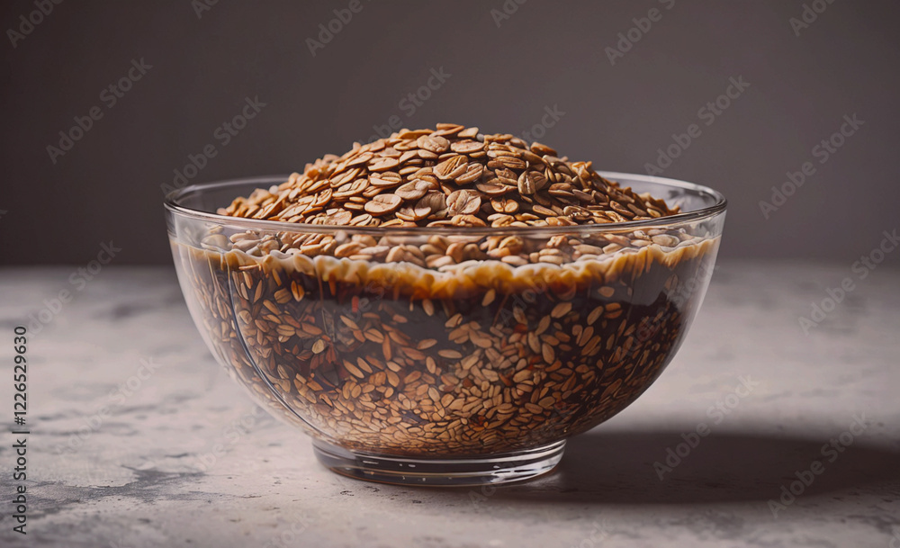 Aufkleber A bowl of cereal is sitting on a table. The cereal is in a glass bowl and is full of different types of cereal. The bowl is on a table and is not being used