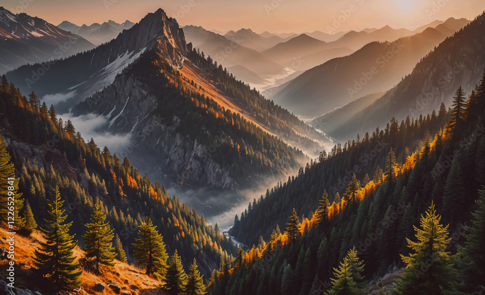 Aufkleber a mountain range with a forest in the foreground. the sun is shining on the mountains and the trees,