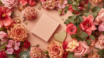 Valentine mockup card elements design. Romantic Floral Display with Gift Box and Heart Shaped Cookie for Special Occasions.