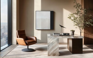 Fototapeta premium Sleek executive penthouse office with a marble desk, modern leather chair, and a glass coffee table. 
