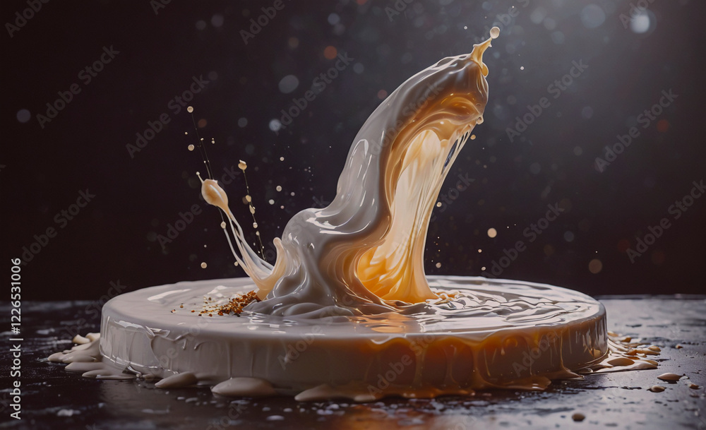 Poster A white liquid is splashing out of a container, creating a messy and chaotic scene. Concept of excitement and energy, as if the liquid is bursting out of its container with great force