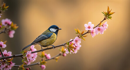 Obraz premium bird sits in the branches of blossoming sakura, the charm of spring, the awakening of nature . Generative AI