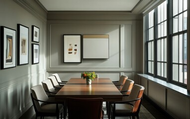 Sophisticated meeting room featuring a long wooden table surrounded by elegant chairs. Soft gray walls with tasteful framed art and a built-in projection screen provide a polished look