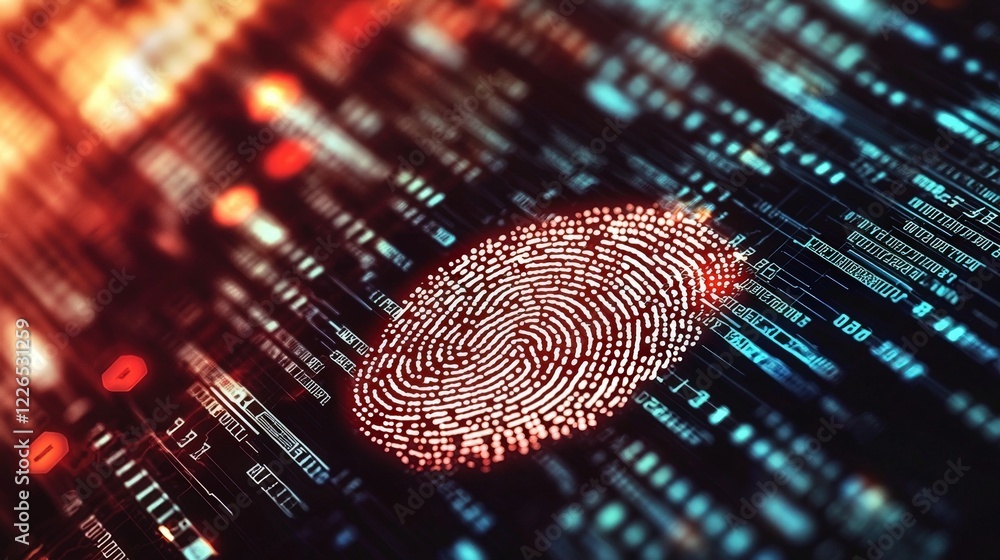 Poster vibrant digital fingerprint against dark background with data streams