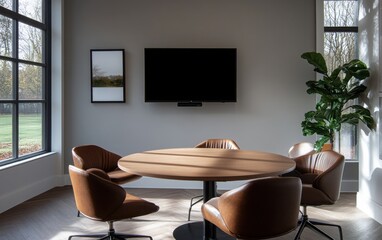 Fototapeta premium Sophisticated meeting room with a round oak table, ergonomic leather chairs, and a large digital screen. 
