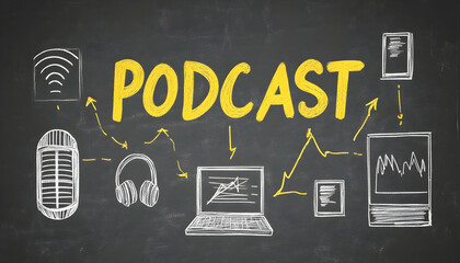 Chalkboard illustration depicting podcasting concept; devices, headphones, microphone, and growth chart. Ideal for marketing or educational materials.