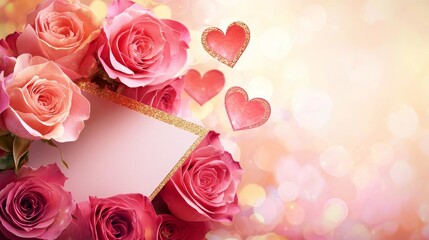 Valentine mockup card elements design. Romantic Roses Arrangement Hearts and Gold Glitter Frame on Pastel Bokeh Background.